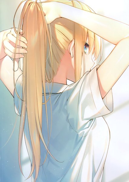 Anime picture 2426x3420 with original toosaka asagi single long hair tall image looking at viewer blush fringe highres breasts blue eyes blonde hair payot upper body ponytail looking back from behind scan arms up shadow