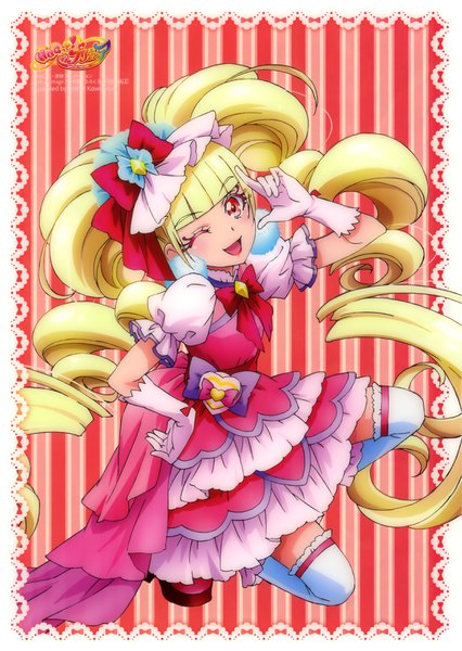 Anime-Bild 2503x3529 mit precure hugtto! precure toei animation aisaki emiru cure macherie kawamura toshie single long hair tall image looking at viewer fringe highres open mouth blonde hair twintails blunt bangs one eye closed pink eyes wink official art