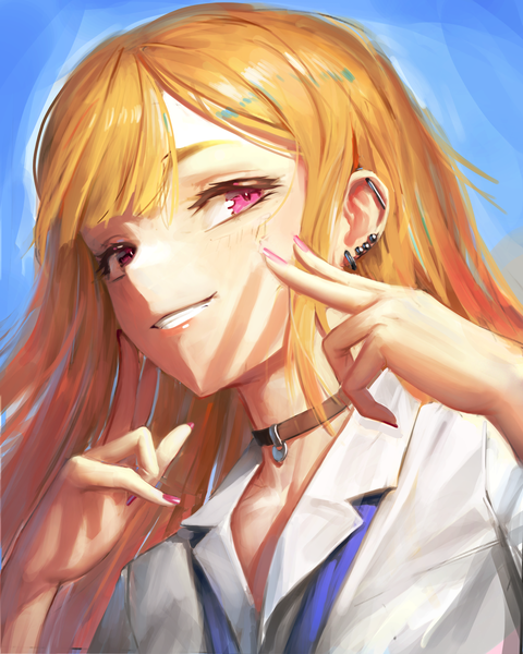 Anime picture 2000x2500 with sono bisque doll wa koi wo suru cloverworks kitagawa marin numanoan single long hair tall image looking at viewer fringe highres simple background blonde hair smile upper body blunt bangs nail polish pink eyes fingernails arms up grin
