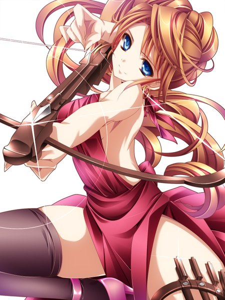 Anime picture 1200x1600 with original moneti (daifuku) single long hair tall image looking at viewer blue eyes simple background white background orange hair girl thighhighs dress weapon black thighhighs crossbow