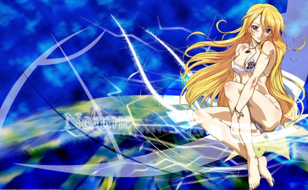 Anime picture 2560x1587 with highres light erotic blonde hair wide image purple eyes girl swimsuit bikini nekane
