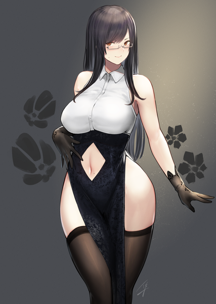 Anime picture 1190x1670 with original hayabusa single long hair tall image looking at viewer blush fringe breasts light erotic black hair simple background standing bare shoulders brown eyes signed traditional clothes light smile grey background mole