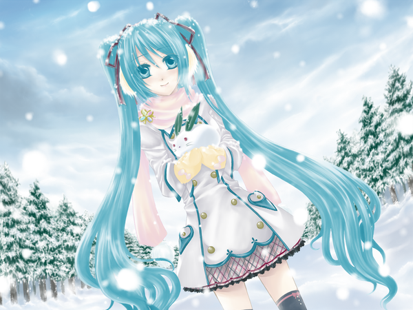 Anime picture 1024x768 with vocaloid hatsune miku single long hair blue eyes smile twintails blue hair sky cloud (clouds) very long hair zettai ryouiki snowing winter snow girl skirt plant (plants) miniskirt tree (trees)