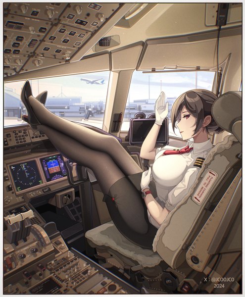 Anime picture 3300x4000 with original senjouhara nira single tall image looking at viewer highres short hair breasts red eyes brown hair sitting signed absurdres full body profile high heels twitter username crossed legs border 2024