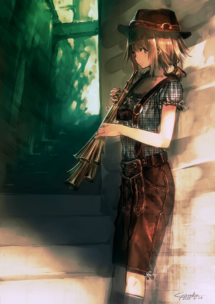 Anime picture 2893x4092 with original garuku single long hair tall image looking at viewer blush fringe highres smile hair between eyes brown hair standing holding signed payot traditional clothes grey eyes dated low ponytail