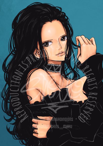 Anime picture 2480x3508 with one piece toei animation nico robin sherumaru (korcht06) single long hair tall image looking at viewer highres breasts black hair simple background bare shoulders brown eyes signed cleavage upper body light smile black eyes off shoulder