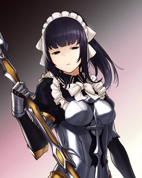 Anime picture 800x1000 with overlord (maruyama) madhouse narberal gamma houtengeki single long hair tall image looking at viewer fringe black hair simple background standing payot ponytail blunt bangs black eyes maid gradient background girl uniform