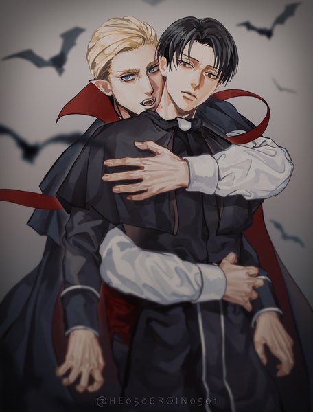 Anime picture 1240x1633 with shingeki no kyojin production i.g levi (rivaille) erwin smith tomai tall image looking at viewer short hair blue eyes black hair blonde hair standing signed pointy ears black eyes multiple boys hug twitter username shounen ai vampire