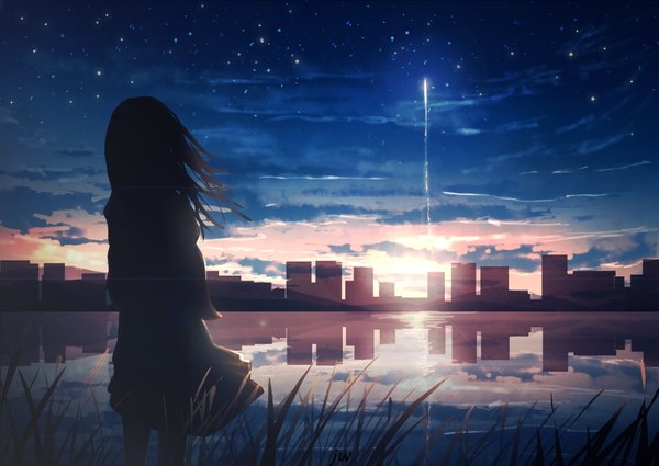 Anime picture 916x650 with original skyrick9413 single short hair standing looking away sky cloud (clouds) outdoors wind from behind sunlight night night sky city evening reflection sunset horizon cityscape