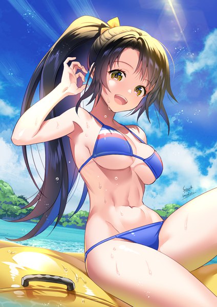 Anime picture 707x1000 with original midori foo single long hair tall image blush fringe breasts open mouth light erotic smile brown hair large breasts sitting bare shoulders signed yellow eyes payot sky cloud (clouds)
