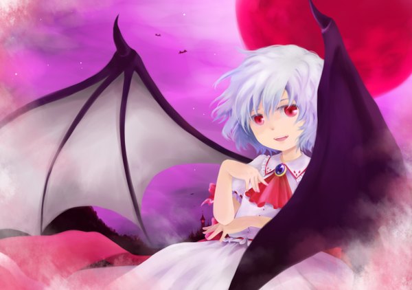 Anime picture 2480x1748 with touhou remilia scarlet pekamatu (artist) single highres short hair red eyes white hair loli red moon girl dress wings