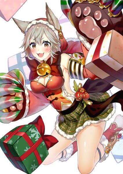 Anime picture 1200x1694 with granblue fantasy sen (granblue fantasy) shirako sei single tall image looking at viewer blush fringe short hair breasts open mouth light erotic simple background smile hair between eyes large breasts white background brown eyes animal ears cleavage