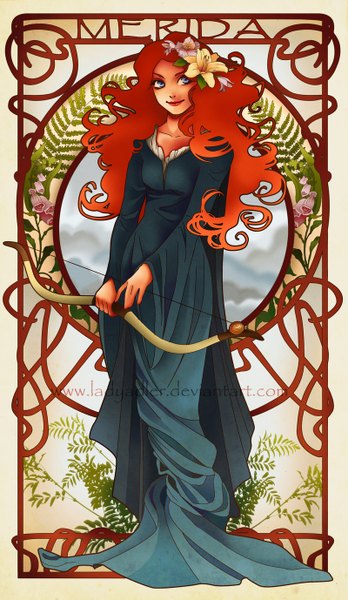 Anime picture 800x1378 with brave disney merida ladyadler (artist) single long hair tall image blue eyes smile standing looking away red hair hair flower lips orange hair wavy hair curly hair girl dress hair ornament