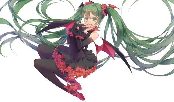 Anime picture 4960x2900 with vocaloid hatsune miku airrabbityan single long hair fringe highres simple background smile hair between eyes wide image white background twintails bare shoulders green eyes absurdres full body bent knee (knees) nail polish green hair