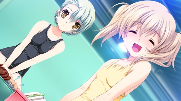 Anime picture 1280x720 with dolphin divers yashio riho aqua (dolphin divers) senomoto hisashi short hair open mouth wide image twintails multiple girls brown eyes blue hair game cg white hair eyes closed loli short twintails girl 2 girls swimsuit