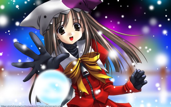 Anime picture 1920x1200 with original tagme (artist) single long hair looking at viewer highres open mouth brown hair wide image brown eyes wallpaper snowing winter girl gloves bow black gloves cap animal hat snowball