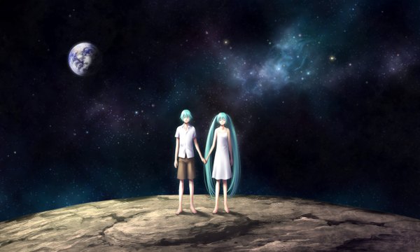 Anime picture 1500x900 with vocaloid hatsune miku hatsune mikuo kayu long hair short hair wide image eyes closed very long hair barefoot aqua hair holding hands space girl dress boy shirt shorts star (stars) planet