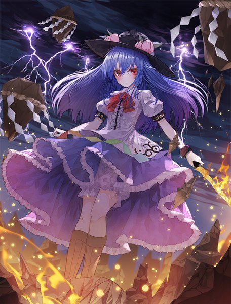 Anime picture 1000x1316 with touhou hinanawi tenshi lo-ta single long hair tall image looking at viewer blush fringe hair between eyes red eyes blue hair from below puffy sleeves lightning girl weapon hat sword knee boots