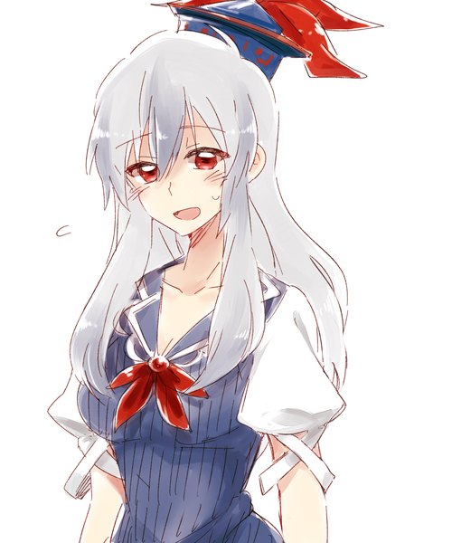 Anime picture 1000x1200 with touhou kamishirasawa keine six (fnrptal1010) single long hair tall image blush open mouth simple background red eyes white background silver hair :d looking down girl dress hat