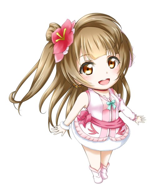 Anime picture 1096x1240 with love live! school idol project sunrise (studio) love live! minami kotori kuena single long hair tall image looking at viewer simple background brown hair white background brown eyes hair flower one side up chibi girl dress flower (flowers)