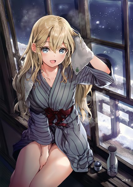 Anime picture 2493x3523 with melonbooks paseri single long hair tall image looking at viewer blush fringe highres open mouth blue eyes light erotic blonde hair smile hair between eyes sitting signed traditional clothes :d japanese clothes