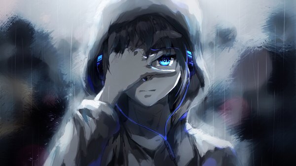 Anime picture 3000x1687 with original luo qingyu long hair looking at viewer fringe highres blue eyes black hair wide image upper body blurry lens flare solo focus rain covering eye (eyes) girl headphones hood hoodie hand