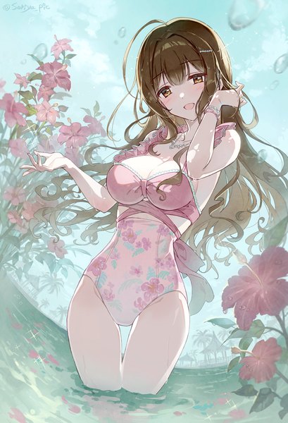 Anime picture 950x1393 with idolmaster idolmaster shiny colors kuwayama chiyuki natsu (759aqsw) single long hair tall image fringe open mouth light erotic hair between eyes brown hair brown eyes ahoge head tilt :d thigh gap partially submerged floral print girl