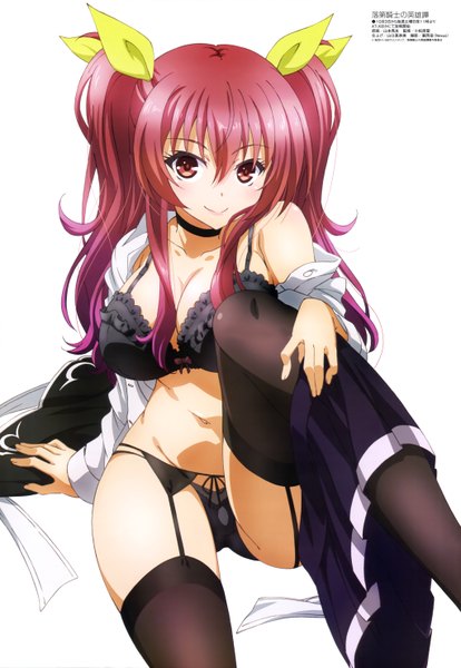 Anime picture 4085x5918 with rakudai kishi no cavalry megami magazine stella vermillion single long hair tall image looking at viewer highres light erotic red eyes absurdres purple hair official art girl thighhighs navel underwear panties black thighhighs lingerie
