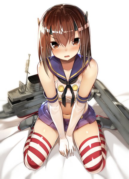 Anime picture 1440x2000 with kantai collection shimakaze destroyer taihou armored aircraft carrier greatmosu single tall image blush fringe short hair open mouth light erotic hair between eyes brown hair sitting brown eyes full body zettai ryouiki sleeveless wariza cosplay