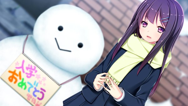 Anime picture 1280x720 with gin'iro haruka niimi yuzuki single long hair looking at viewer fringe open mouth black hair wide image purple eyes game cg girl scarf snowman