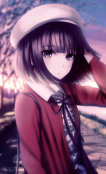 Anime picture 564x927 with saenai heroine no sodatekata a-1 pictures katou megumi critter100 single tall image looking at viewer blush fringe short hair brown hair brown eyes sky cloud (clouds) upper body outdoors blunt bangs long sleeves parted lips head tilt
