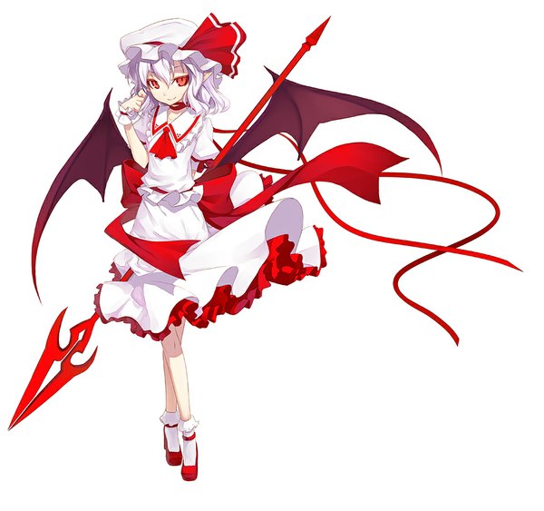 Anime picture 1000x939 with touhou remilia scarlet shingo (missing link) single looking at viewer short hair smile red eyes white hair pointy ears bat wings vampire girl skirt bow ribbon (ribbons) weapon wings socks shoes