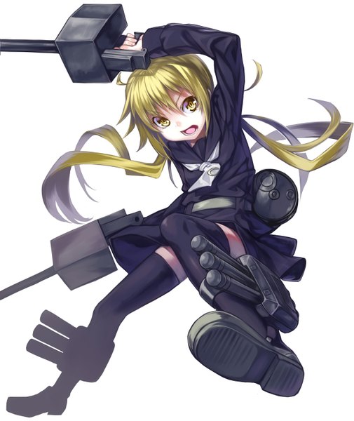 Anime picture 1200x1424 with kantai collection satsuki destroyer satsuki (kantai collection) h kasei single long hair tall image looking at viewer open mouth simple background blonde hair white background twintails yellow eyes full body girl thighhighs weapon black thighhighs boots