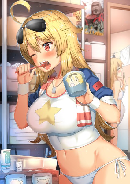 Anime picture 2508x3541 with azur lane cleveland (azur lane) columbia (azur lane) body mahattaya ginga long hair tall image blush fringe highres breasts open mouth light erotic blonde hair hair between eyes standing holding brown eyes ahoge indoors eyes closed