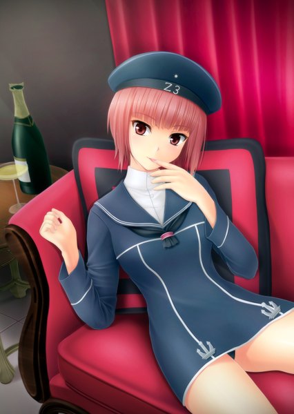 Anime picture 1087x1530 with kantai collection z3 destroyer (max schultz) tai (2vs) single tall image looking at viewer short hair light erotic sitting pink hair pink eyes finger to mouth girl couch sailor suit peaked cap