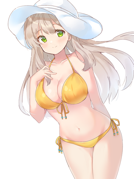 Anime picture 2400x3200 with blue archive nonomi (blue archive) nonomi (swimsuit) (blue archive) ruru (rurumagi) single long hair tall image looking at viewer blush fringe highres breasts light erotic simple background blonde hair smile large breasts standing white background green eyes