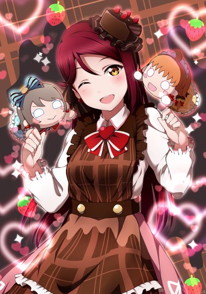 Anime picture 1411x2007 with love live! sunshine!! sunrise (studio) love live! sakurauchi riko watanabe you takami chika shiimai single long hair tall image blush open mouth smile standing brown eyes red hair head tilt one eye closed wink dated