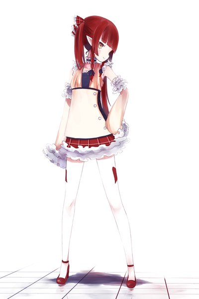 Anime picture 1000x1500 with original shadow2810 single long hair tall image looking at viewer smile twintails bare shoulders yellow eyes red hair pointy ears high heels hand on hip girl thighhighs white thighhighs