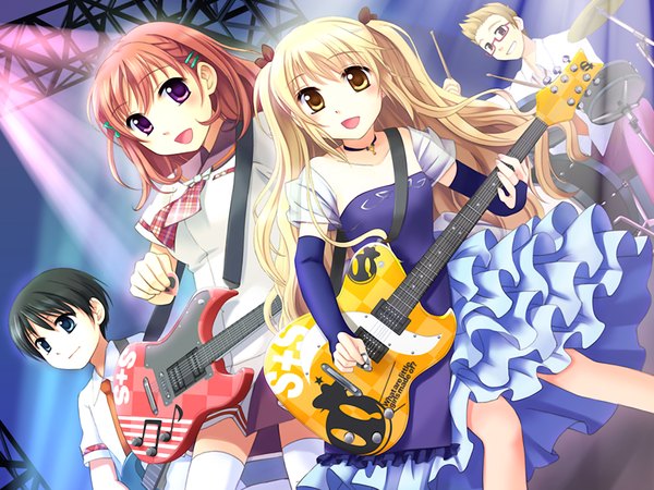 Anime picture 1200x900 with sugar+spice 2 (game) blonde hair brown hair purple eyes multiple girls yellow eyes game cg girl thighhighs dress 2 girls white thighhighs guitar drum set