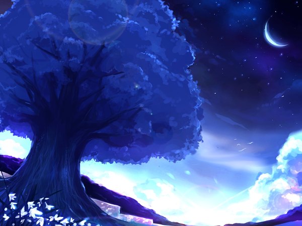 Anime picture 2000x1500 with original samu (a117216) highres cloud (clouds) night night sky no people crescent flower (flowers) plant (plants) animal tree (trees) bird (birds) moon star (stars)