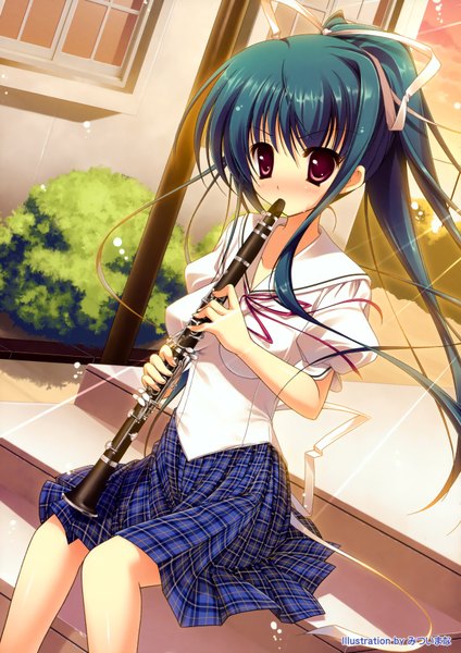Anime picture 2472x3500 with mitsui mana single tall image highres red eyes ponytail green hair playing instrument girl ribbon (ribbons) hair ribbon serafuku musical instrument clarinet