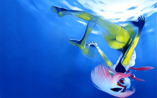 Anime picture 1680x1050 with blue submarine no 6 gonzo mutio single long hair light erotic wide image pointy ears grey hair facial mark underwater eyeshadow face paint girl water