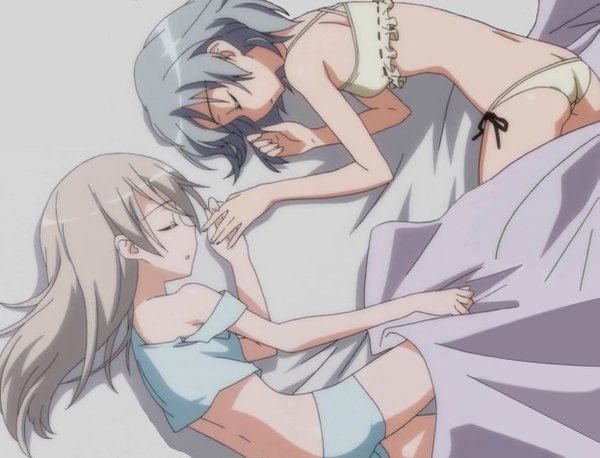 Anime picture 1245x952 with strike witches sanya v. litvyak eila ilmatar juutilainen long hair short hair light erotic blonde hair multiple girls blue hair lying underwear only sleeping face to face girl underwear 2 girls bed