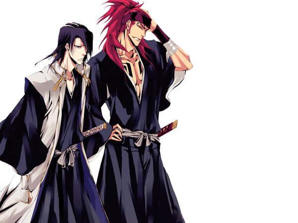 Anime picture 2000x1500 with bleach studio pierrot kuchiki byakuya abarai renji tagme (artist) long hair fringe highres simple background red eyes standing white background purple eyes blue hair purple hair red hair traditional clothes hair over one eye multiple boys tattoo