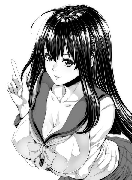 Anime picture 733x1000 with original zucchini single long hair tall image looking at viewer fringe breasts light erotic black hair simple background smile hair between eyes white background cleavage ahoge parted lips arm up black eyes leaning