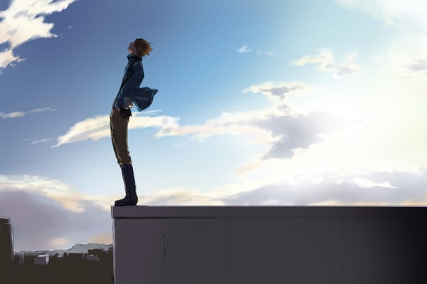 Anime picture 2000x1333 with world trigger toei animation jin yuuichi kujou negita single highres short hair brown hair standing sky cloud (clouds) full body outdoors eyes closed profile wind open jacket city hands in pockets boy