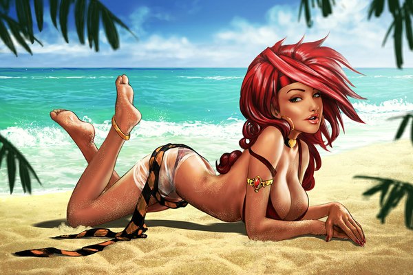 Anime picture 1111x741 with battle chasers red monika (battle chasers) skribblix single long hair breasts light erotic large breasts green eyes red hair beach sand girl swimsuit earrings choker bracelet sea