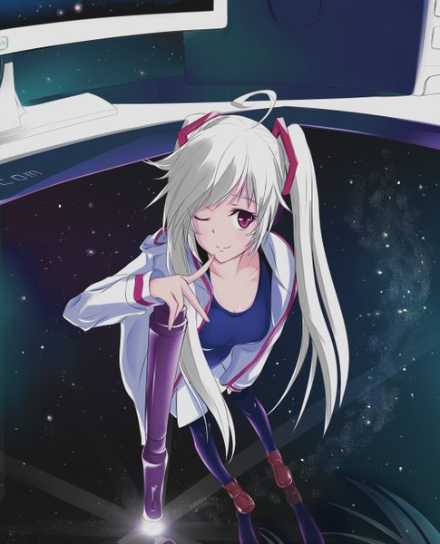 Anime picture 2150x2658 with phantania single long hair tall image highres red eyes twintails ahoge white hair one eye closed wink space girl star (stars)