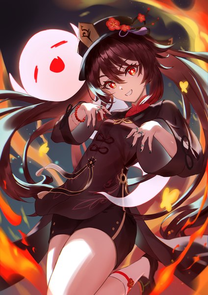 Anime picture 1447x2047 with genshin impact hu tao (genshin impact) boo tao (genshin impact) naeeeegi single long hair tall image looking at viewer fringe smile hair between eyes red eyes brown hair twintails nail polish head tilt grin black nail polish ghost girl
