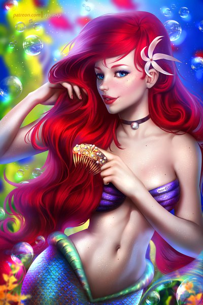 Anime picture 3000x4500 with the little mermaid disney ariel ayyasap single long hair tall image looking at viewer fringe highres breasts blue eyes light erotic smile large breasts signed red hair tail nail polish hair flower
